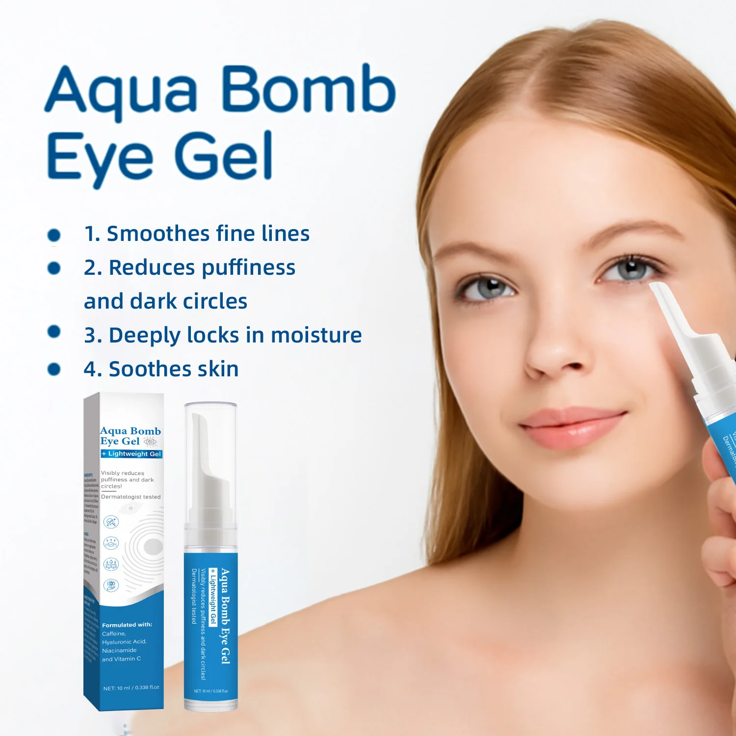 Aqua Bomb Gel refrescante para ojos cafeína y ácido hialurónico para hinchazón e hidratación niacinamida y vitamina C para el cuidado de los ojos de las ojeras