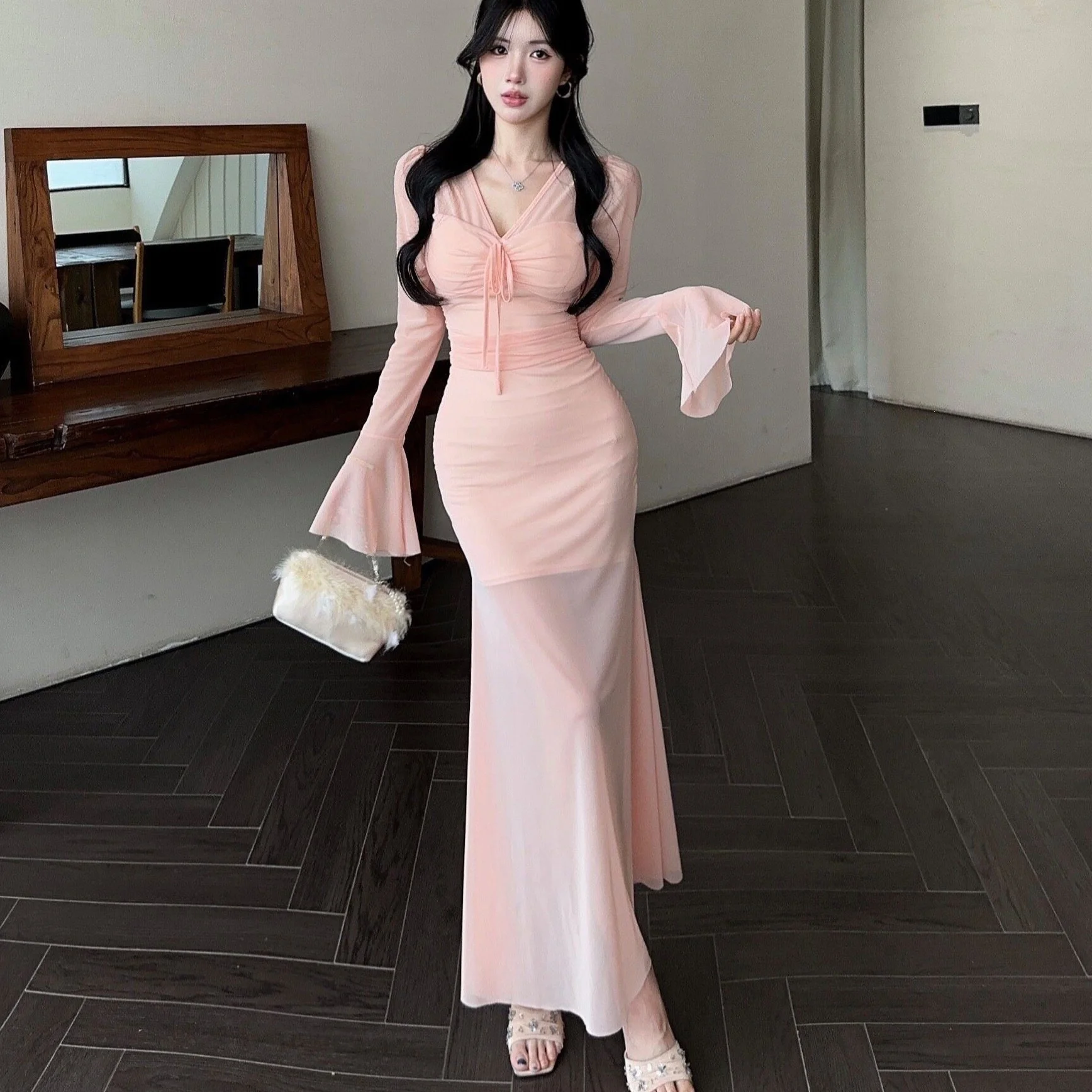 French Style High Waist Lace Panel Bell Sleeve Long Dress Sexy Tummy Control Belted Waist Dress for Young Women All Seasons
