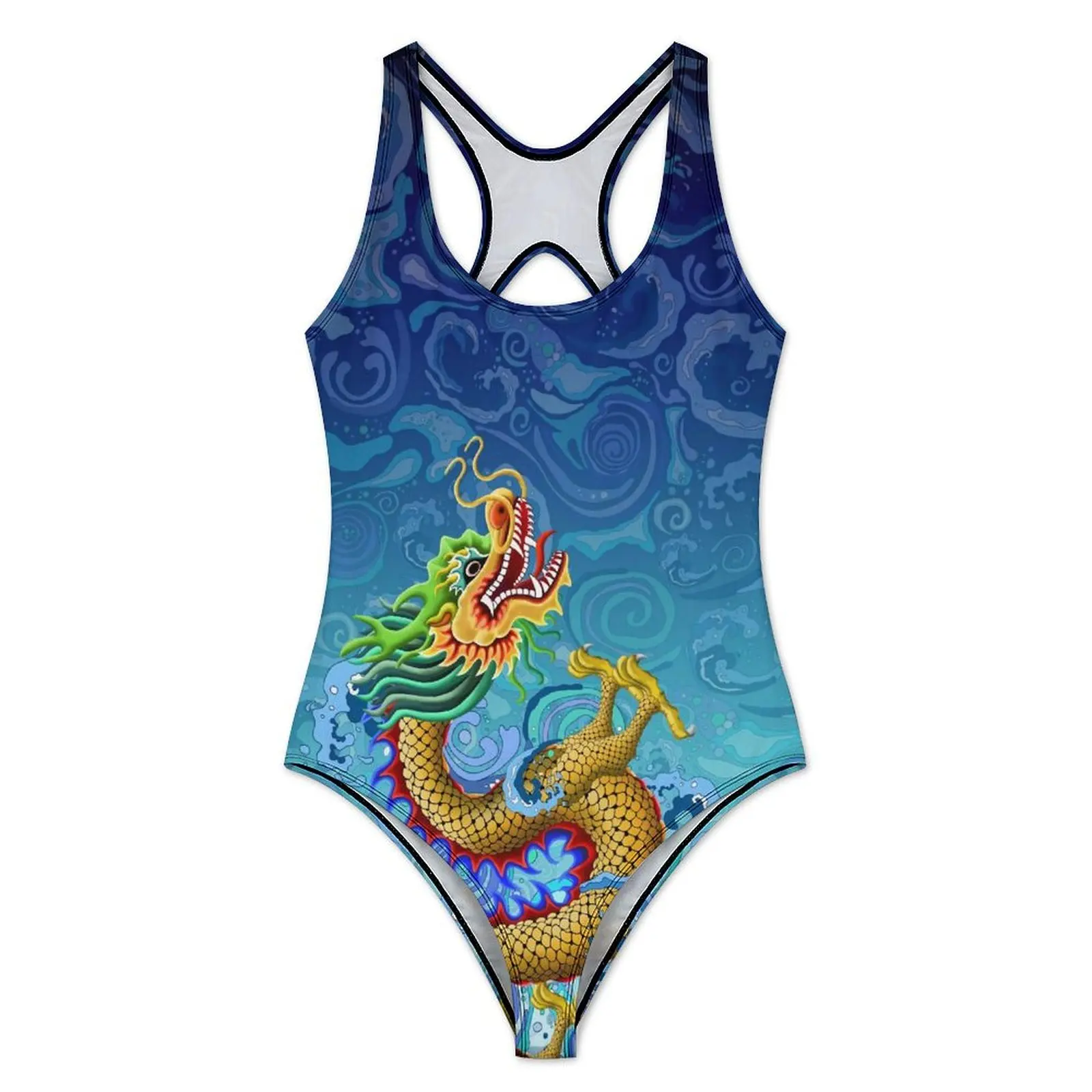 Gold Dragon Swimsuit Sexy Swirling Water Print One Piece Swimwear Push Up Bodysuit Fashion Surfing Bathing Suits