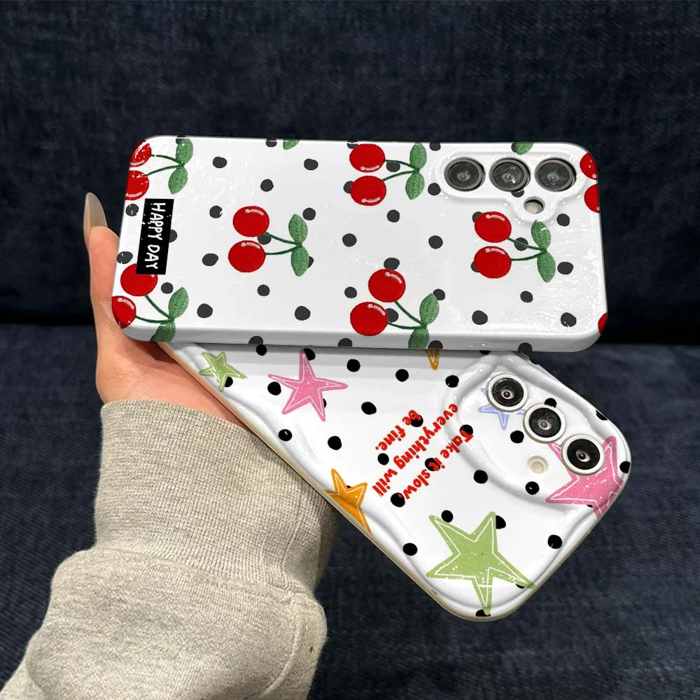 

Polka Star Cherry Phone Case For Samsung Galaxy A73 A53 A25 A34 A51 A54 A35 A55 A33 A56 A04 4G 5G Feilin Wave Oil Shell