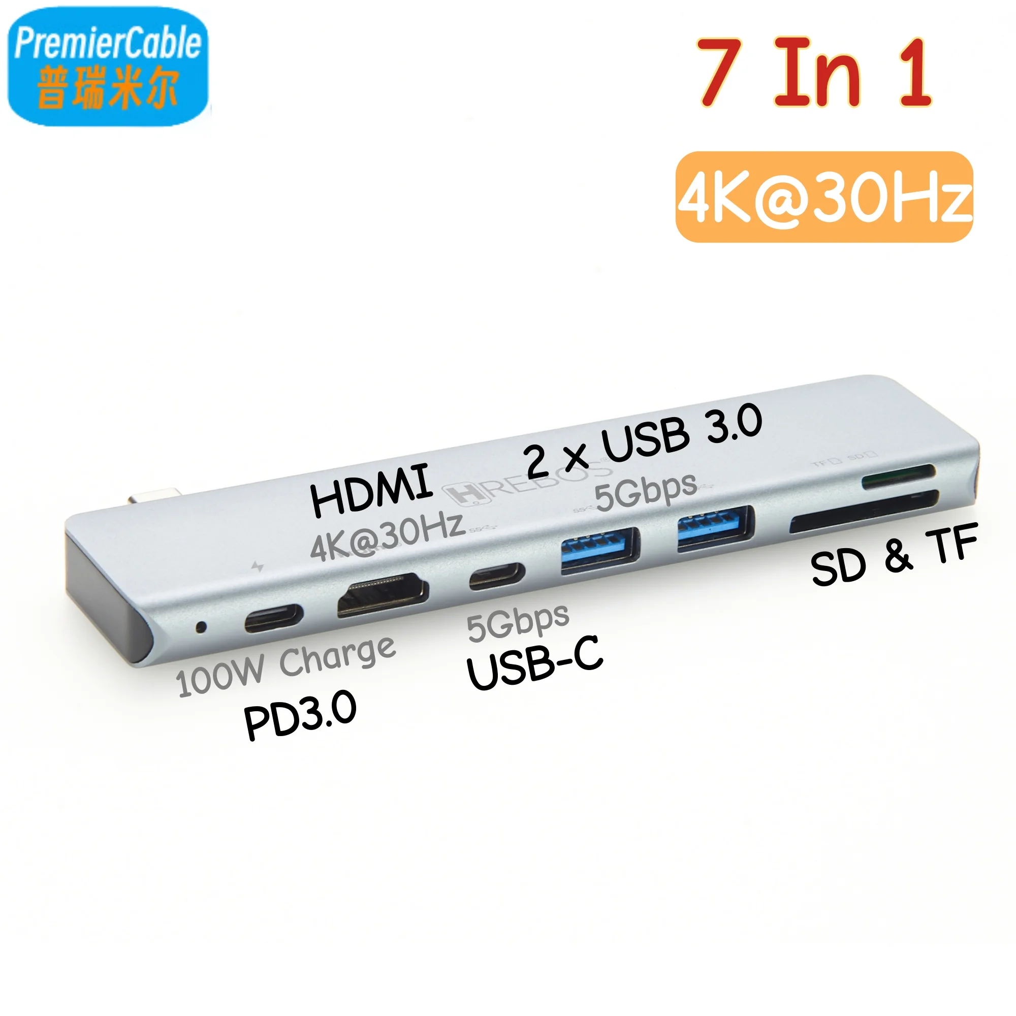 7 In 1 USB C Hub USB C Docking Station to HDMI 1.4 4K@30Hz 100W Fast Charging SD/TF Card Reader