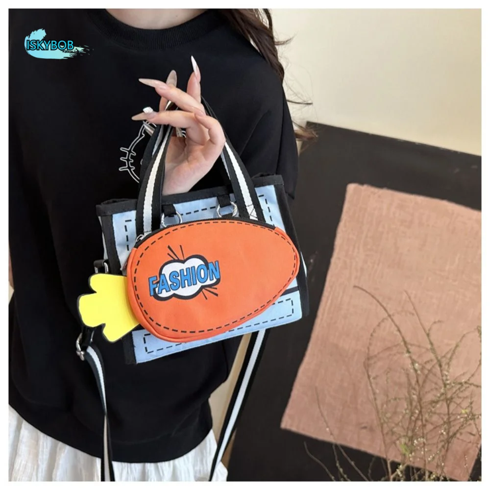

Personality Canvas 2D Anime Tote Bag Detachable Zipper Cartoon Crossbody Bag Nylon Handbag Carrot Bag Girls