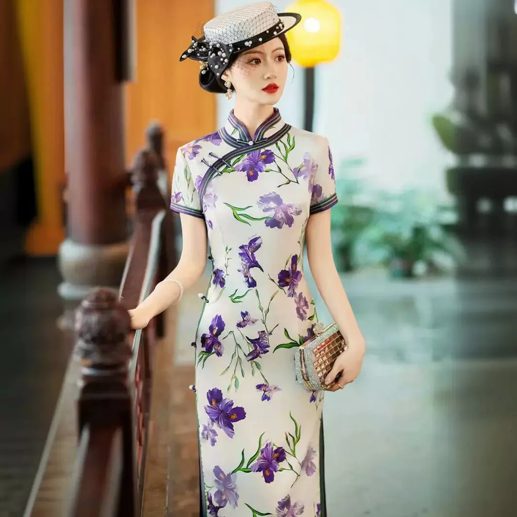 

High-End Quality Real Silk Cheongsam Qipao Summer Women Vintage Improved Dress Chinese Style Chi-Pao