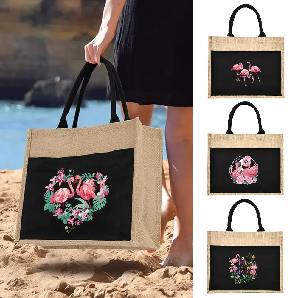Women's Shopping Bags Fashion Flamingo Printed Linen Beach Bag One-shoulder Commuter Bag