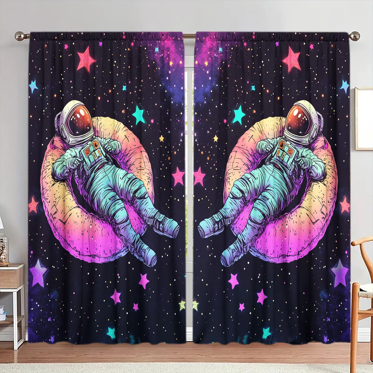 Astronaut Floating Space Curtains, Colorful Stars Galaxy Print Blackout Drapes for Kids Room, Sci-Fi Home Decor Window Treatment