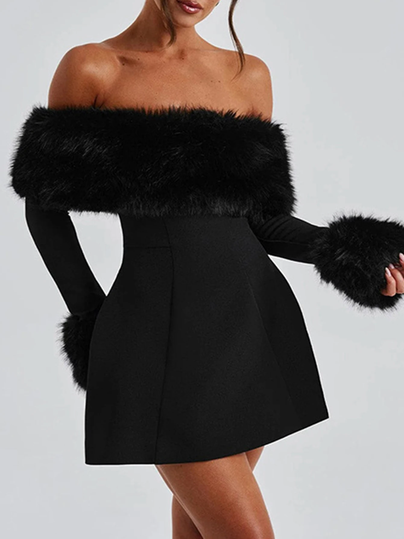 Elegantes, langärmliges, schulterfreies Minikleid für Damen, französischer Chic, einfarbig, Party, Herbst, sexy