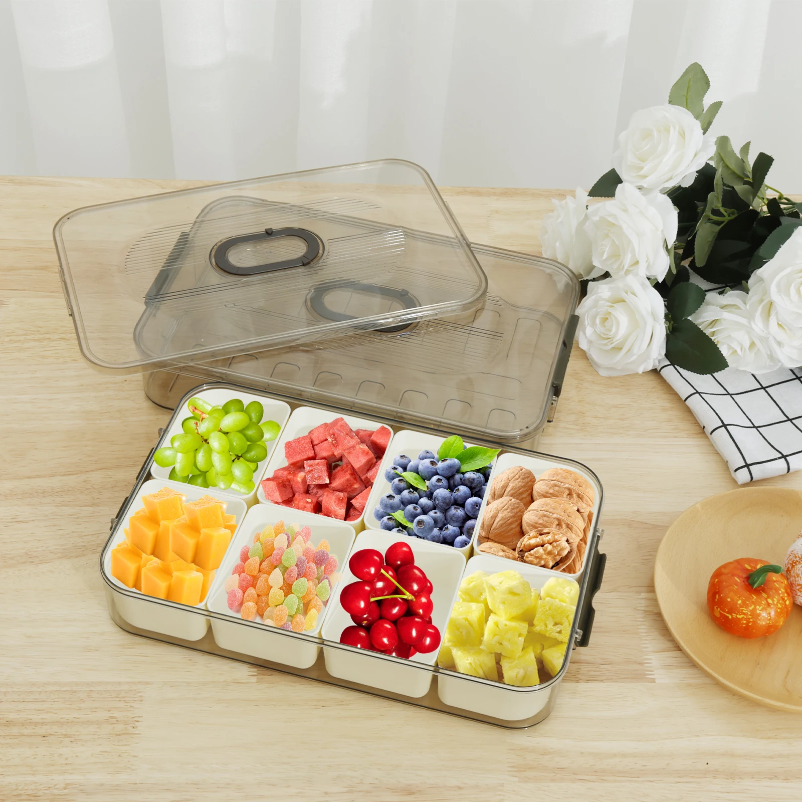 

2 Pcs Divided Serving Tray with Lid 8 Compartment Snack Box Container Transparent Snack Tray with Time Recording Portable Snack