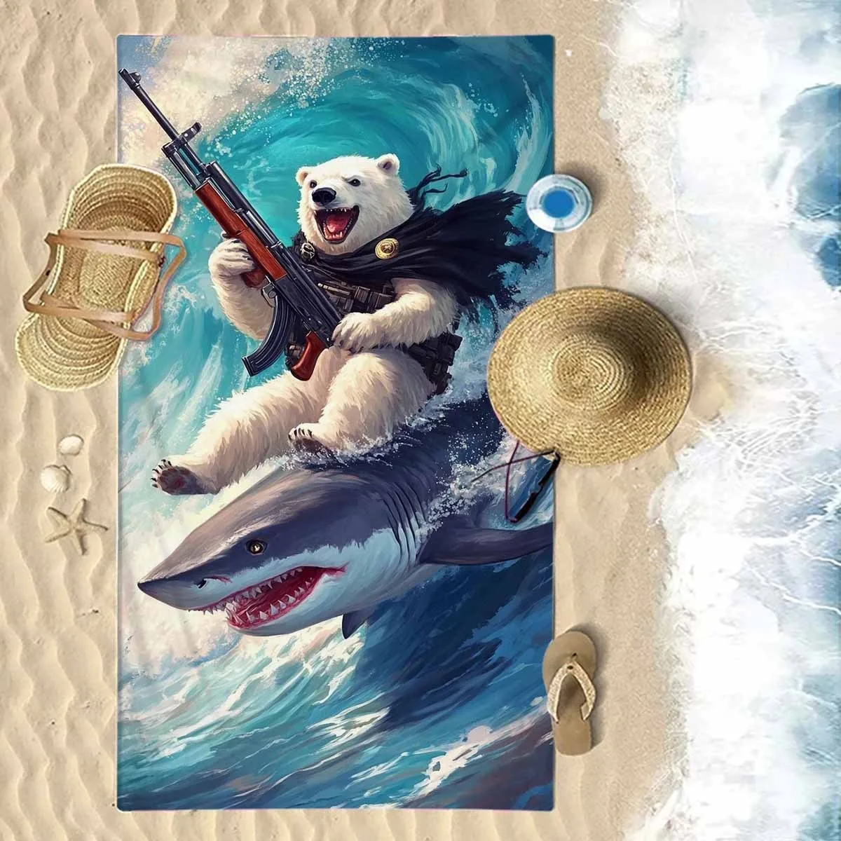 Wild Polar Bear on Shark Surfing Beach Towel: Unleash Your Adventurous Spirit! Suitable for towels, bath towels, beach towels