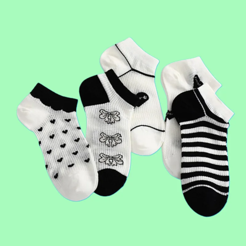 

5/10 Pairs Women's Printed Shallow Mouth Ankle Short Socks Transparent Heart Striped College Style Socks Women Breathable Socks