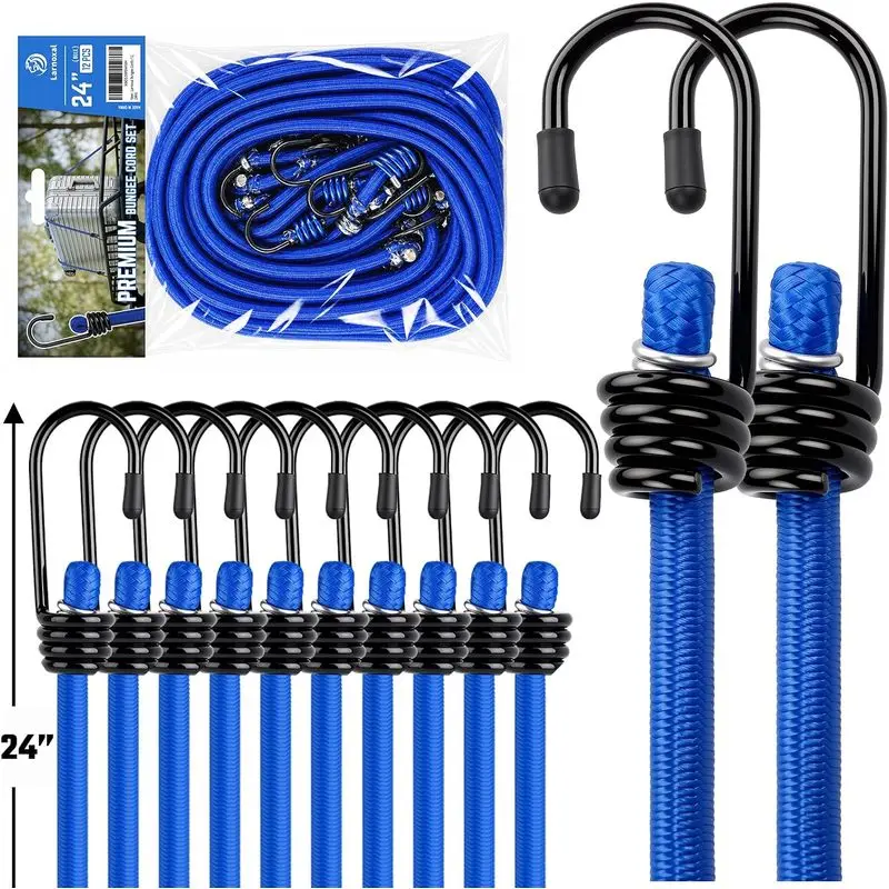 12 Pack Bungee Cords 24/36/48 Inch 8mm Heavy Duty Elastic Tie Down Straps with Hooks for Cargo Luggage Camping Outdoor Storage