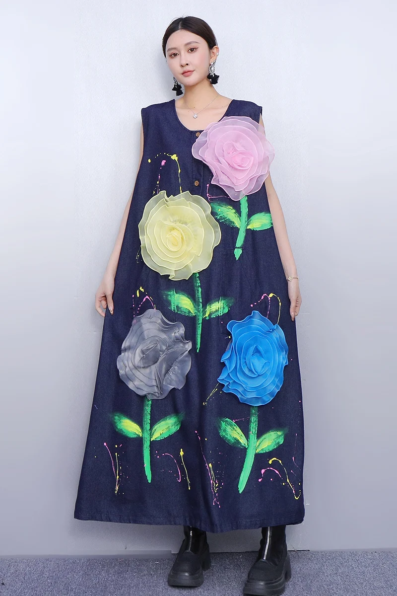 

2300, осень-зима, элегантные женские повседневные свободные длинные платья без рукавов с круглым вырезом и цветочным принтом, женское платье с длинным рукавом, оптовая продажа J2087