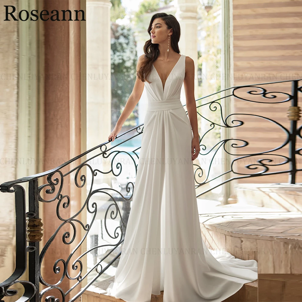 ROSEANN Simple Jumpsuit Wedding Dresses 2024 New Backless Deep V-Neck Pleated Chiffon Sleeveless Bridal Gowns Vestidos De Novia