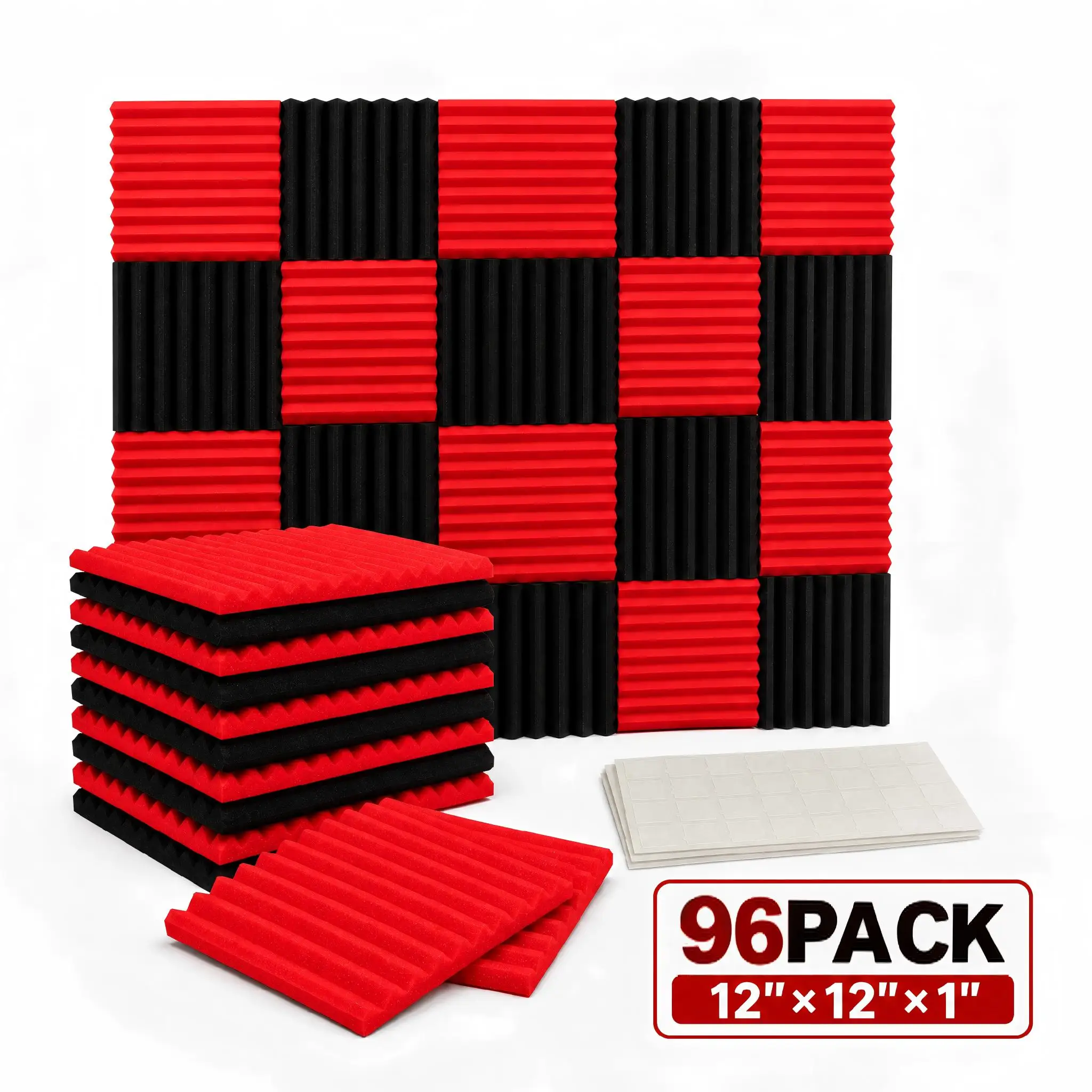 

96 Pack Sound Proof Foam Panels for Walls, 1 X 12 X 12 Inches Acoustic Foam Panels, High Density Acoustic Panels Sound Absorbing, Noise Cancelling Studio Wedges（Black and Red）