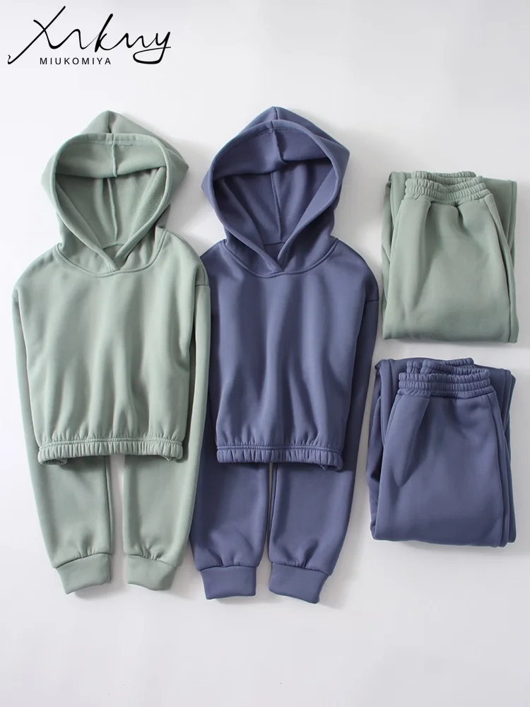 MiuKoMiYa Women Winter Warm Thick Pants Sets Fleece Crop Hoodies Loose Fashion Tracksuits For Women 2-częściowe grube spodnie dresowe