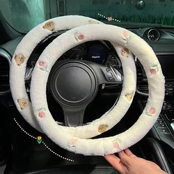 Embroider Cute Car Steering Wheel Cover Plush Winter Warm Anti Slip Steering Wheel Protector Interior Decoration Car Accessories