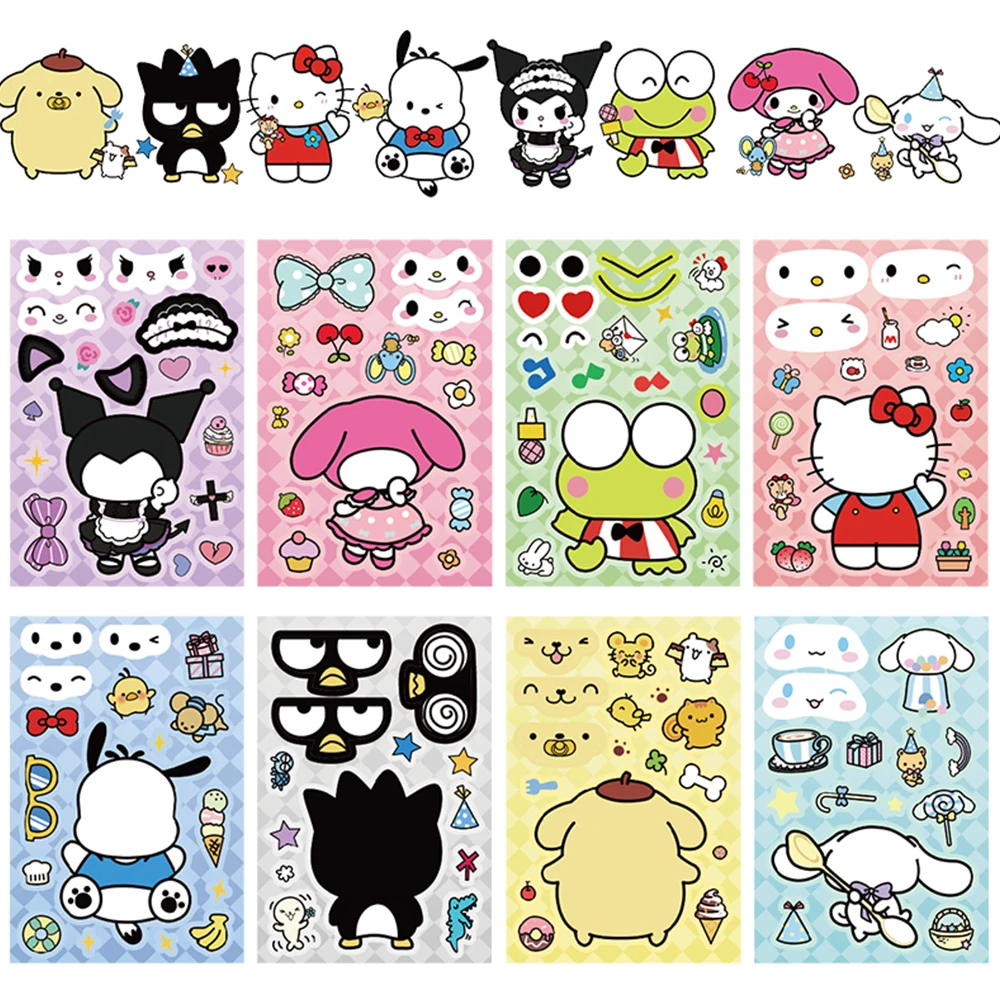 

8/16Sheets Sanrio Cute Puzzle Funny Make a Face Graffiti Stickers Children's Toys Gifts for Laptop Scrapbook Scooter Water Cup