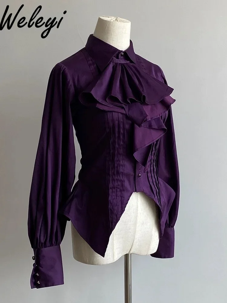 Premium Jirai Kei Purple Waist Shirt Ladies 2024 Early Autumn New Gothic Women's Chic Srand Collar Long Shirt Sleeve Tops Mujer