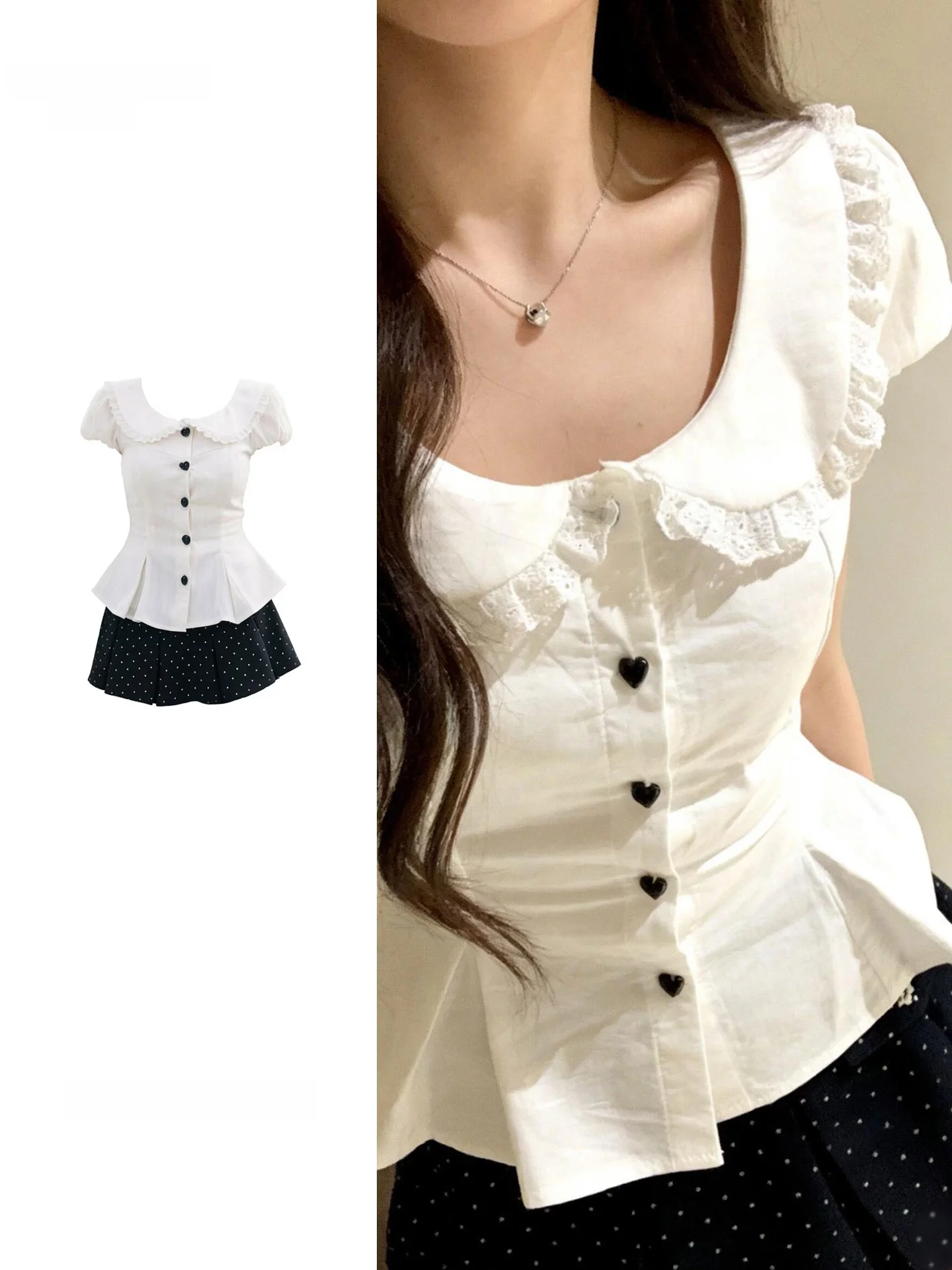 White Polka Dot Bubble Sleeve Shirt And Half Skirt Set Women's Fashion Summer 2026 New Style Korean Large Size Anti-Wrinkle