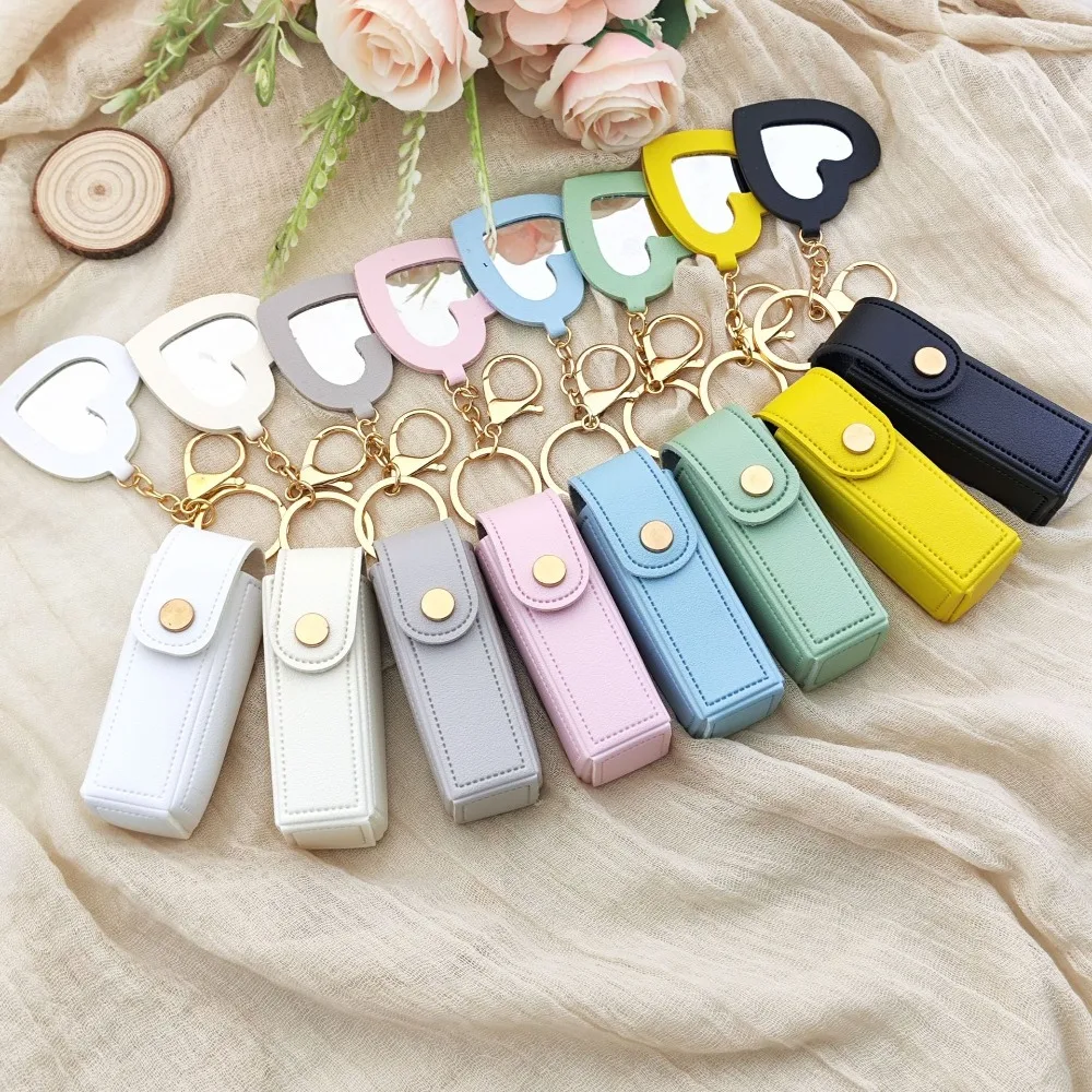 Solid Color Fashion Heart Shaped Mirror Lipstick Holder Keychain Decoration Creative Women Pendant Bag Keyring Gift Accessory - view 4