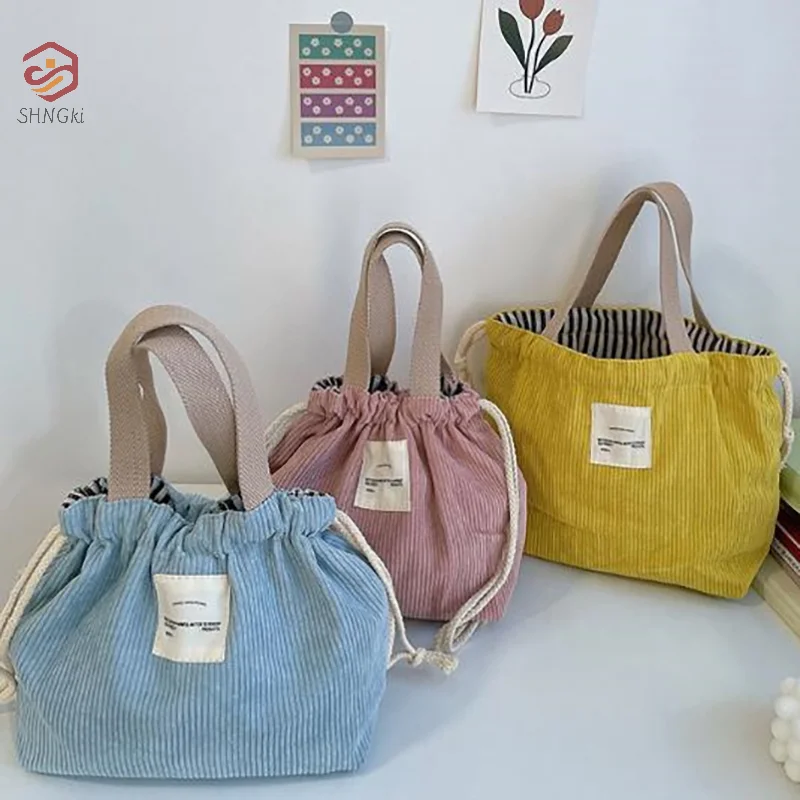 Lunch Bag Corduroy Lunch Box Drawstring Tote Cotton Cloth Small Handbag Dinner Container Picnic Food Storage Pouch