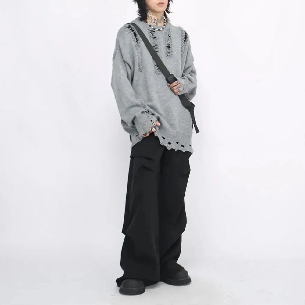 2025 Winter New Men's Ripped Long-Sleeve Sweater American Retro Fashion Trendy High Street Loose Casual Niche Unisex Men's Top