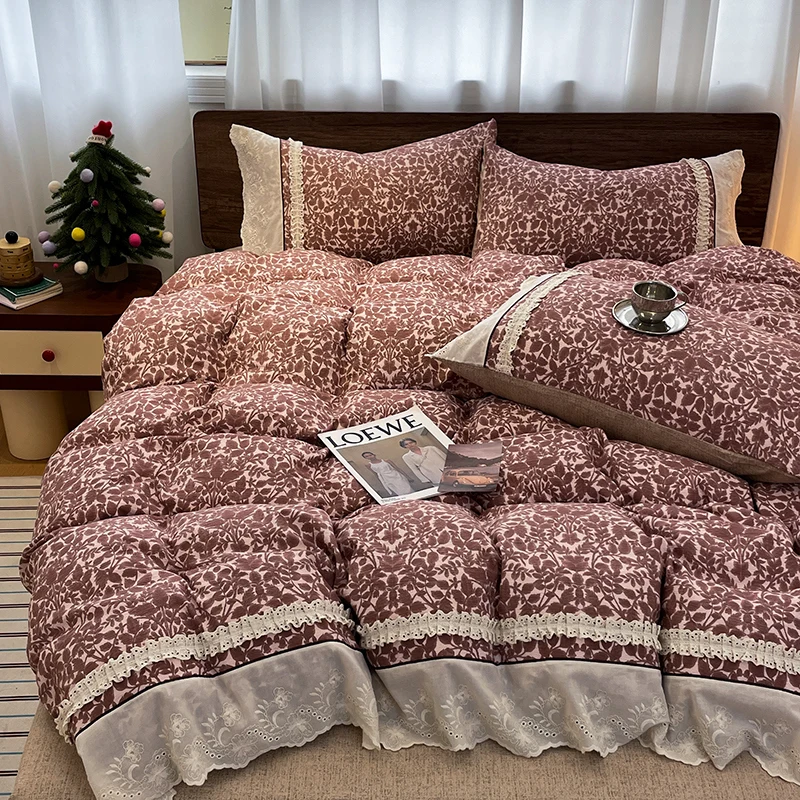 Lace Wedding Duvet Cover Sets Red Color Retro Style Bedding Set Single/Queen/King Raw Linen Quilt Cover with Pillowcase Bed Sets