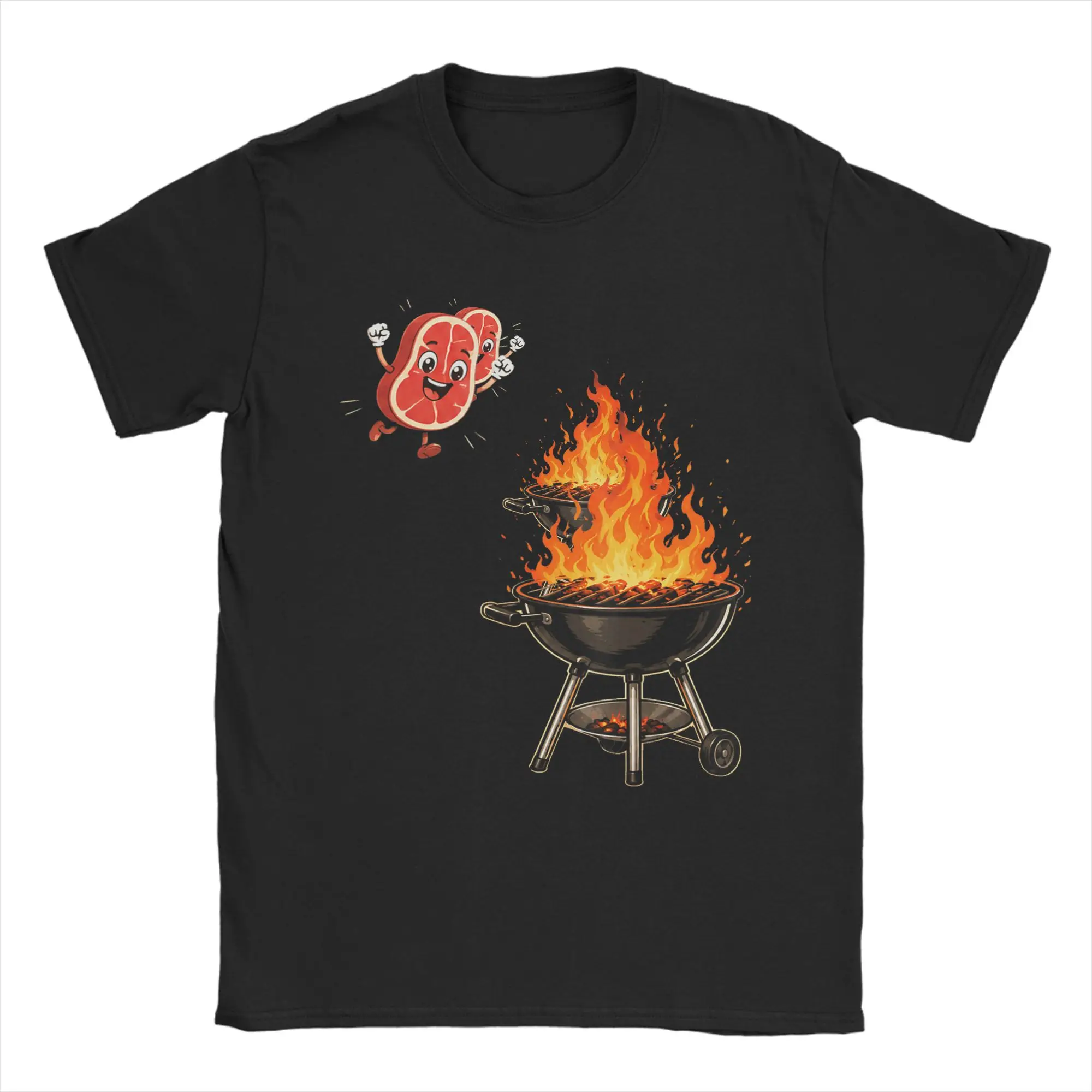 Men's T-Shirts BBQ Steak Meme Cute Meat Jumping Into Grill  Cotton Tees Short Sleeve  T Shirts Crewneck Clothes Birthday Present