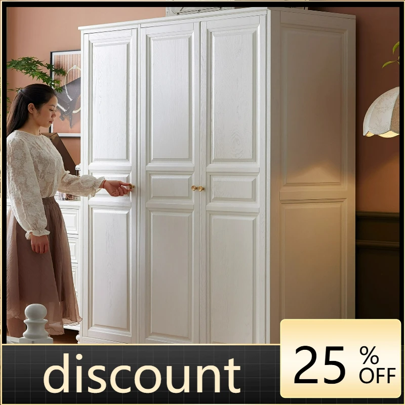 LTT American all solid wood floor-to-ceiling wardrobe French light luxury white three-door storage cabinet