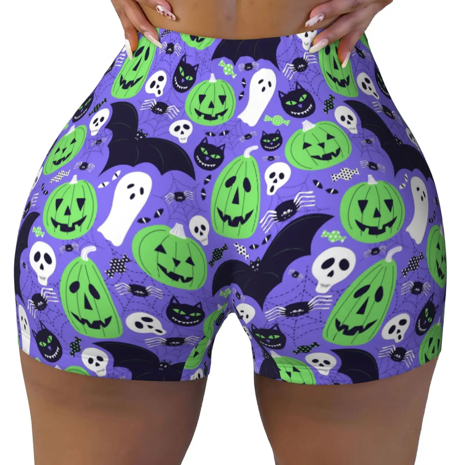 Cute Halloween Print Workout Shorts for Women Seamless Soft Smooth Gym Yoga Scrunch Active Shorts