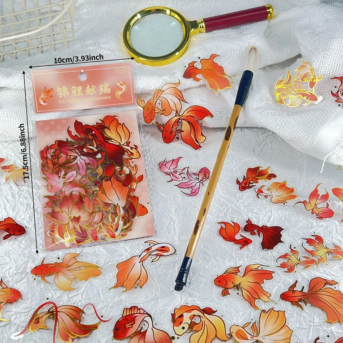 50 Sheets of Gold Foil Koi Stickers, Gradient Watercolor Style, Auspicious Goldfish Pattern, DIY Journal Decoration Materials