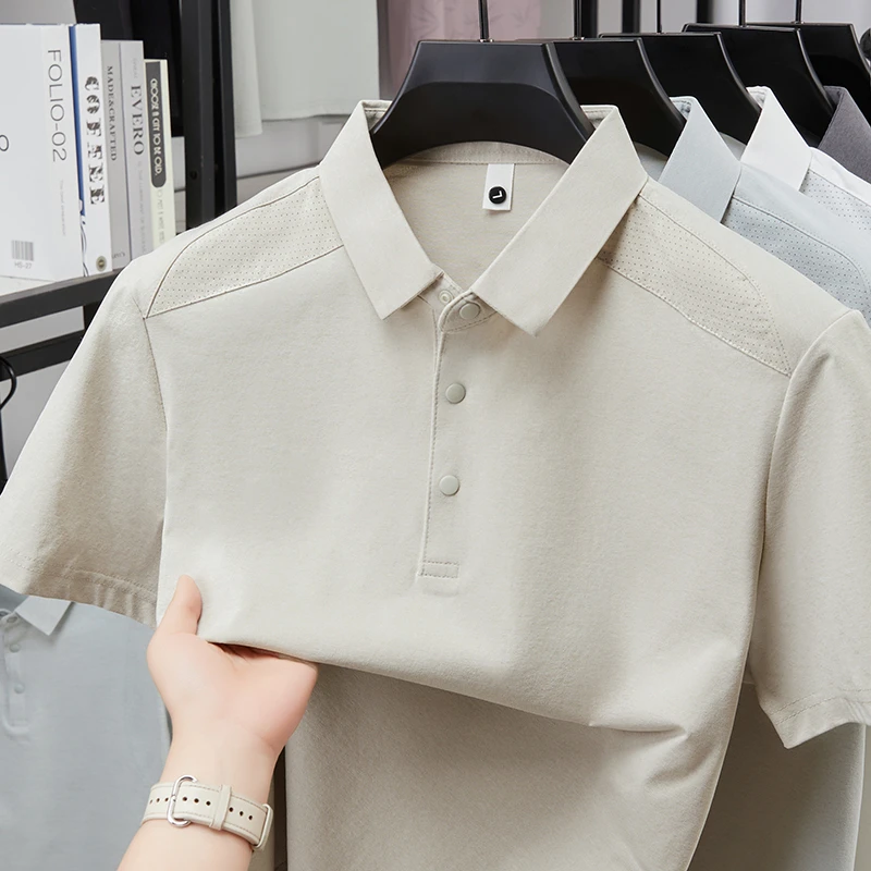 Herren Poloshirt mit Reverskragen, Kurzarm, Weicher Knitterfreier Stoff, Perforierte Schultern, Lässiges Business-Alltags-Sommeroutfit – Detail 13