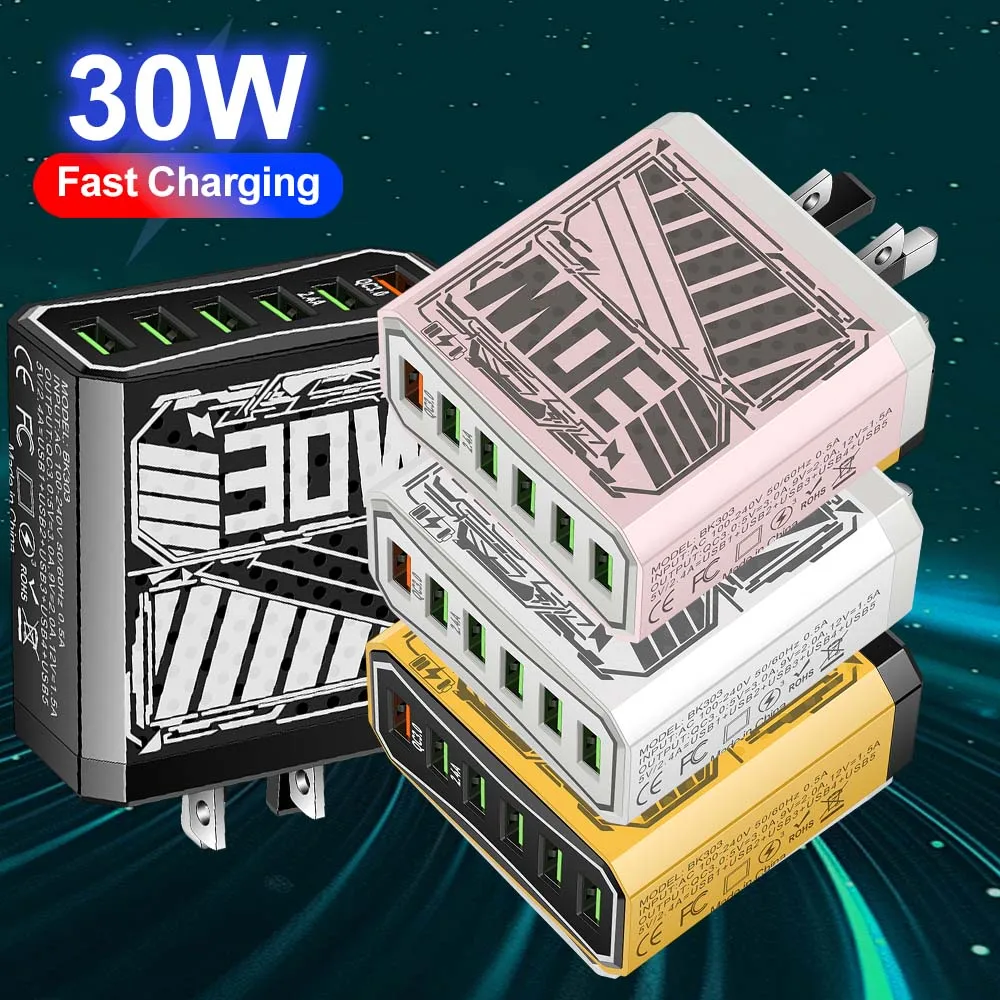 6 in1 USB PD Charger QC3.0 Fast Charging Quick Charger For Xiaomi Samsung Mobile Phone Charge Adapter EU/US/UK Plug