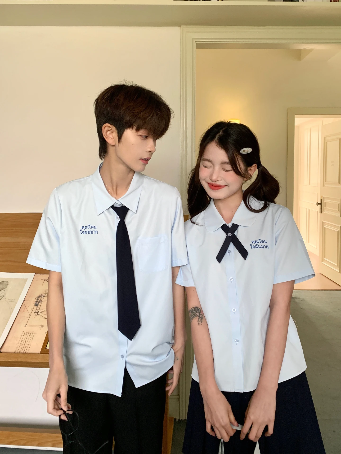 

Tokyo Annual Record JK Couple Thai Style Short Sleeve Uniform Shirt Women's Summer Graduation Season School Wind Set