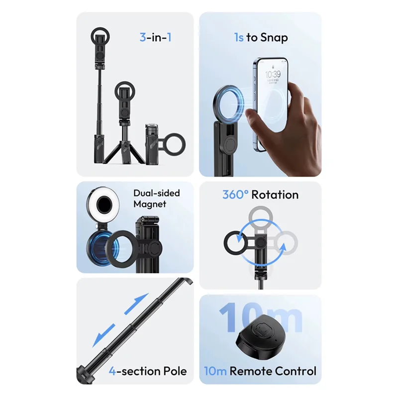 VO-New JJ03 المغناطيسي الهاتف ترايبود الهاتف اللاسلكي قبضة Selfie عصا سطح المكتب ترايبود آيفون 16 15 14 13 برو ماكس