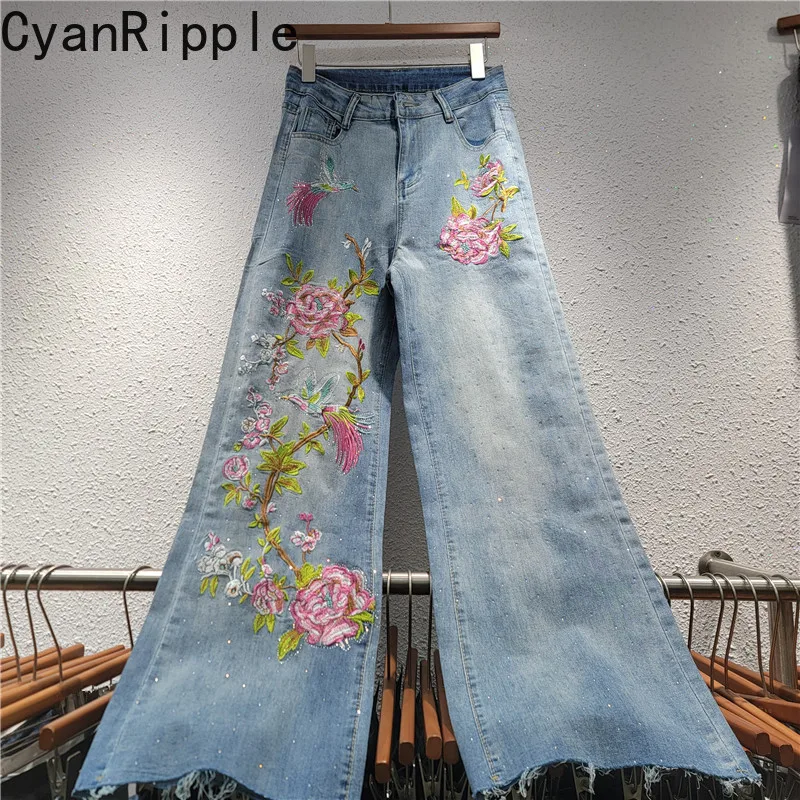 

2026 New Spring Autumn Women Straight Jeans All-match Vintage Hot Diamonds Embroidery Casual Wide Leg Long Denim Pants Blue