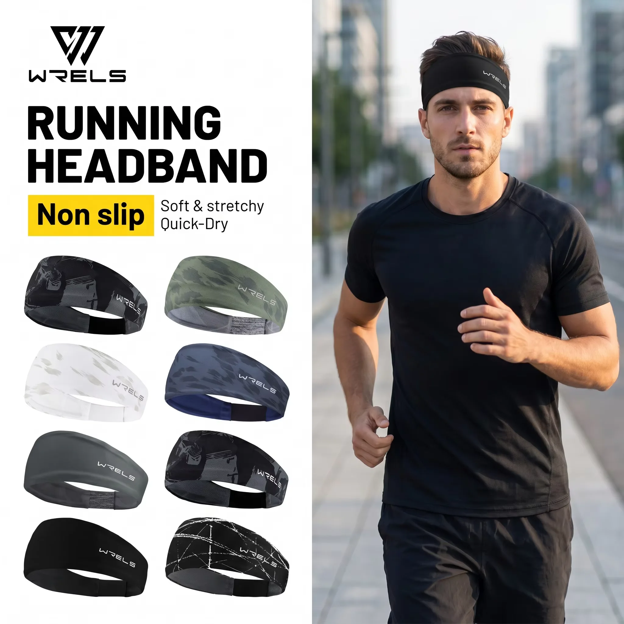 WRELS Running Headband Non Slip Sweatband Cooling Quick Dry Hair Band Reflective High Elastic Durable Men Women Sports Headband