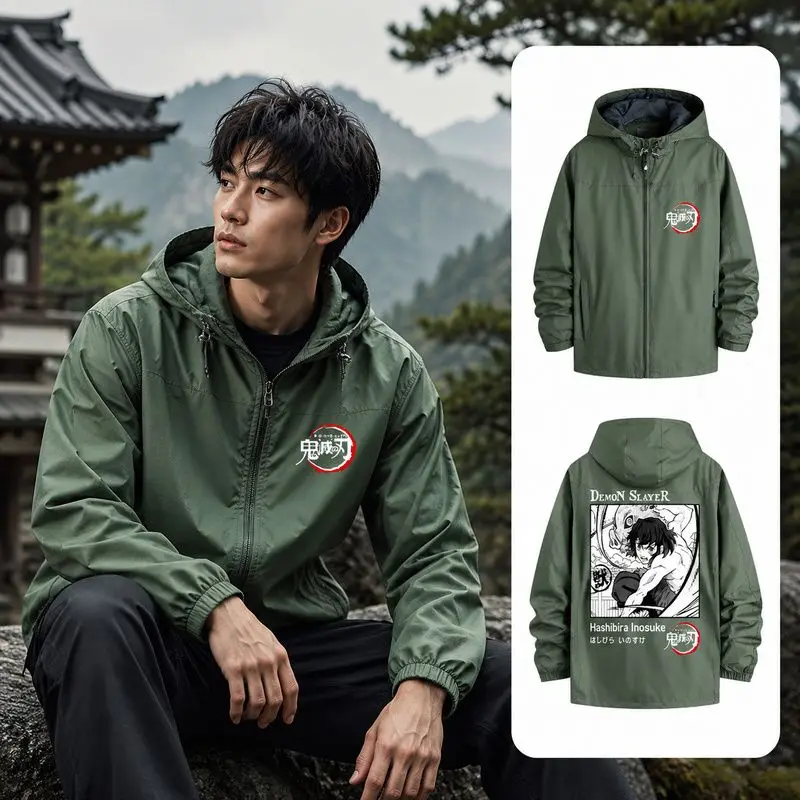 Demon Slayer printed pattern Waterproof Rain Jacket Lightweight Outer Hooded Outdoor Raincoat Hiking Windproof Climbing Jacket
