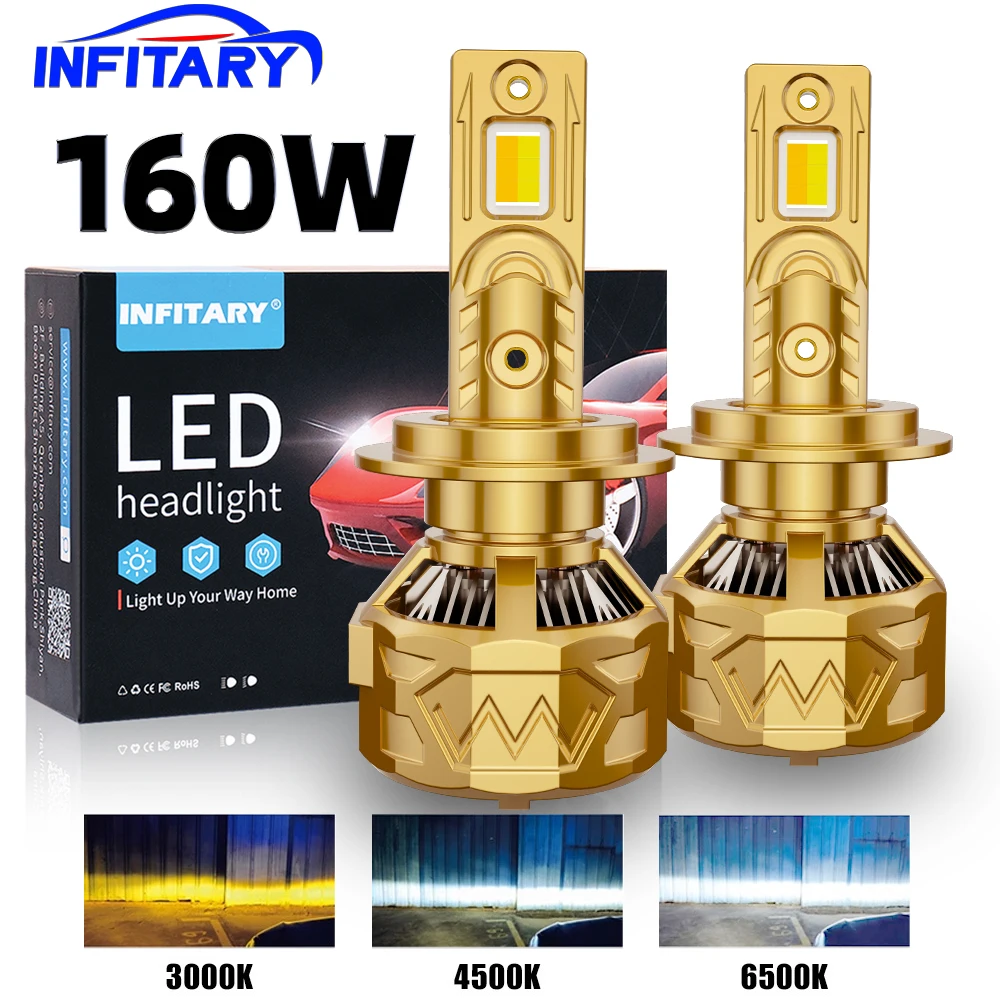

Infitary Three-color LED Headlight H7 H4 CANBUS Bulb H1 H11 HB3 9005 HB4 9006 High Power 160W Lamp 2 Copper Tube Light for Auto