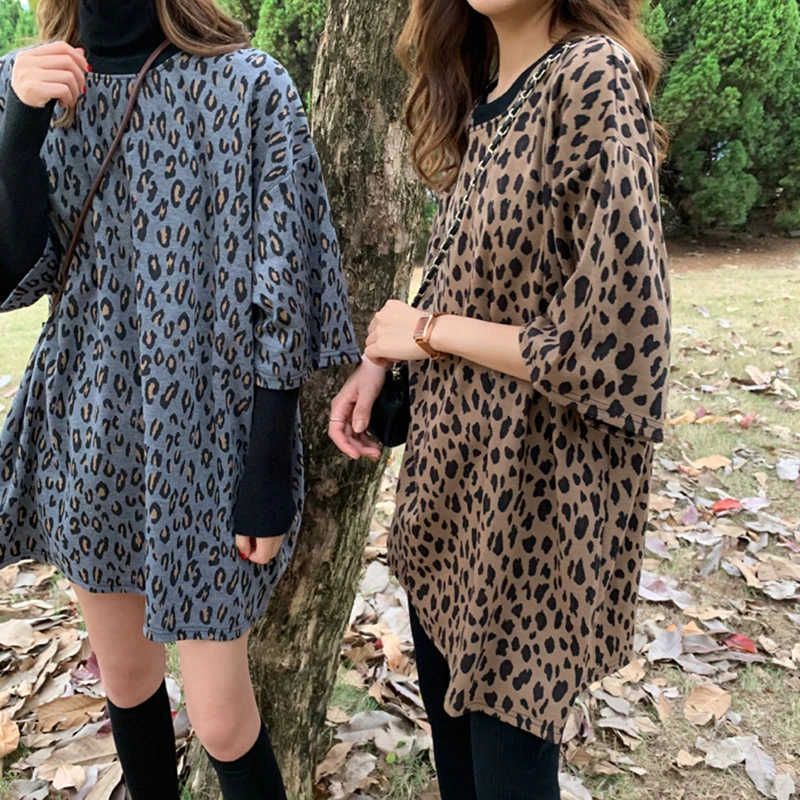 Women's edition medium long original leopard-print loose short sleeve base shirt T-shirt with top