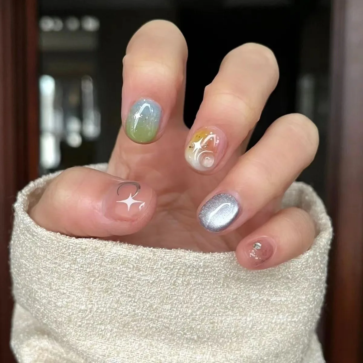 10PCS Colored Cat Eye Handmade False Nail Dopamine Shiny Cute Short Square Round Press on Nail Artificial Wearable Gel Nail Tips