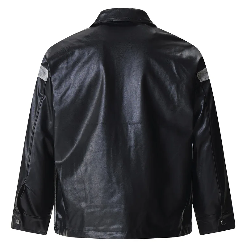 Men's Fashion Leather Biker Jacket High Street Vintage Motorcycle Rider Jeans Coat Streetwear Patched Moto Outerwear Patchwork