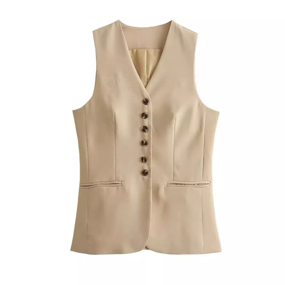 Women Vest Skirt Sets Female Khaki Long Blazer Vest V Neck Sleeveless Slim Top+Elegant High Waist A Line Skirt Suit TRAF