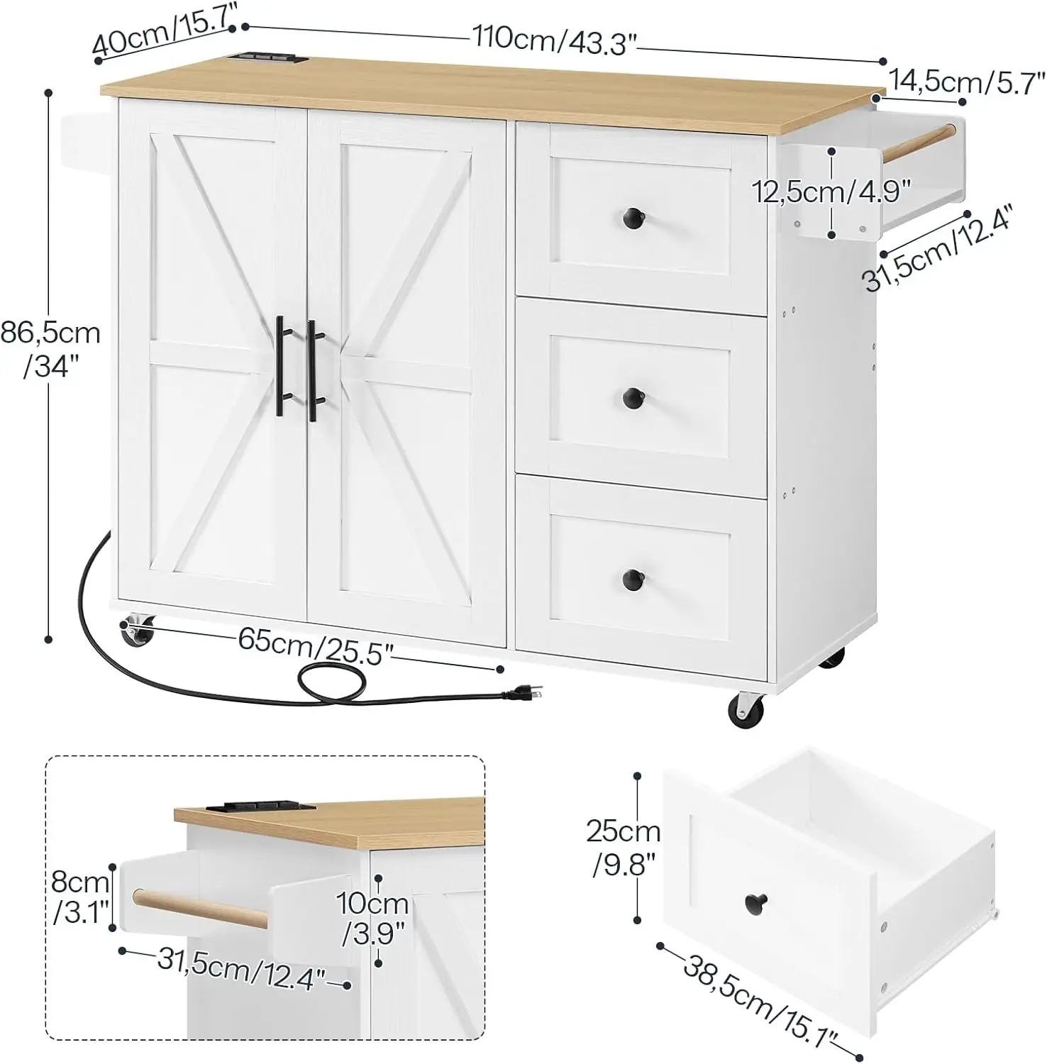 Kitchen Island with Power Outlet, Kitchen Island on Wheels, Rolling Kitchen Island Cart with 3 Drawers, Storage Cabinet a