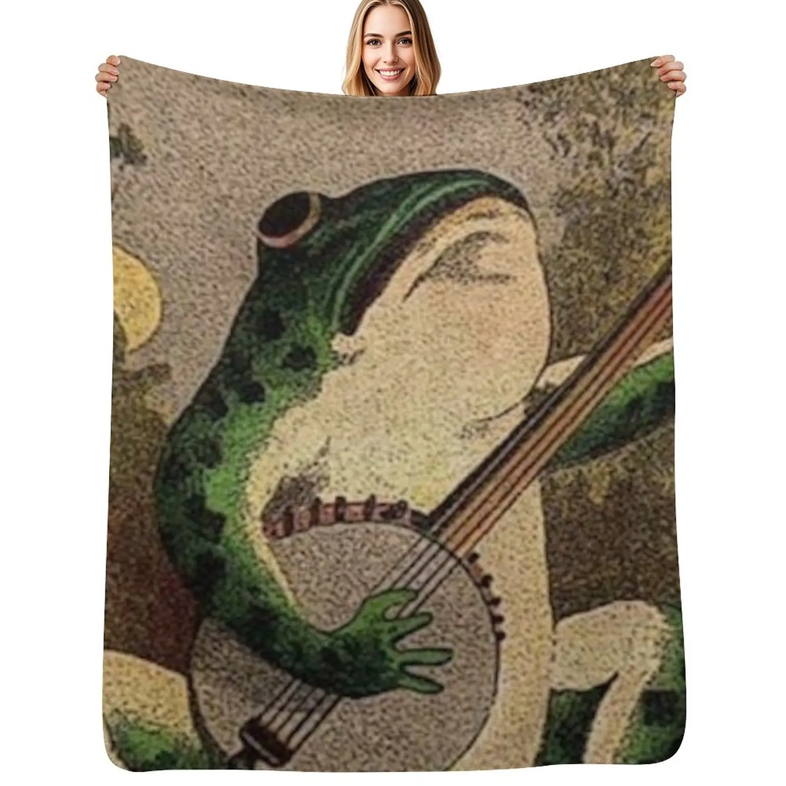 

FROG WITH BANJO, VINTAGE ILLUSTRATION - ARTIST UNKNOWN Throw Blanket Decoratives Soft Big Flannel Fabric Soft Blankets