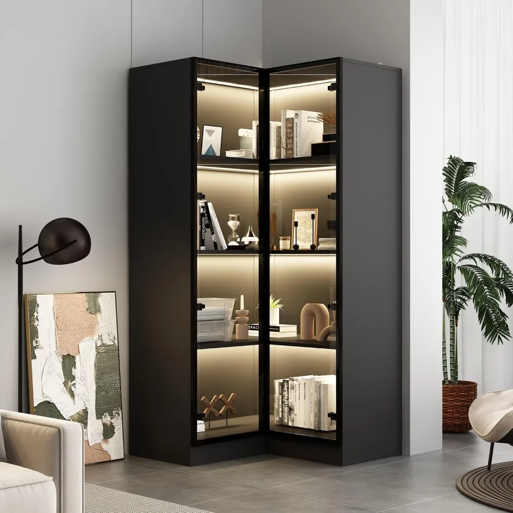 

Corner Bookshelf with Glass Doors, L-Shaped Bookcase with 3 Colors Light Mode, 63" Tall Kitchen Corner Storage Cabinet, Lighted