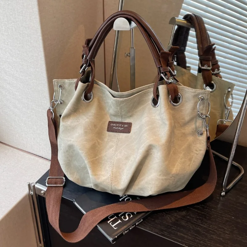 Retro Contrasting Color Casual Portable Tote Bag Large Capacity Commuter Shoulder Bag Trendy Pleated Portable Messenger Bag