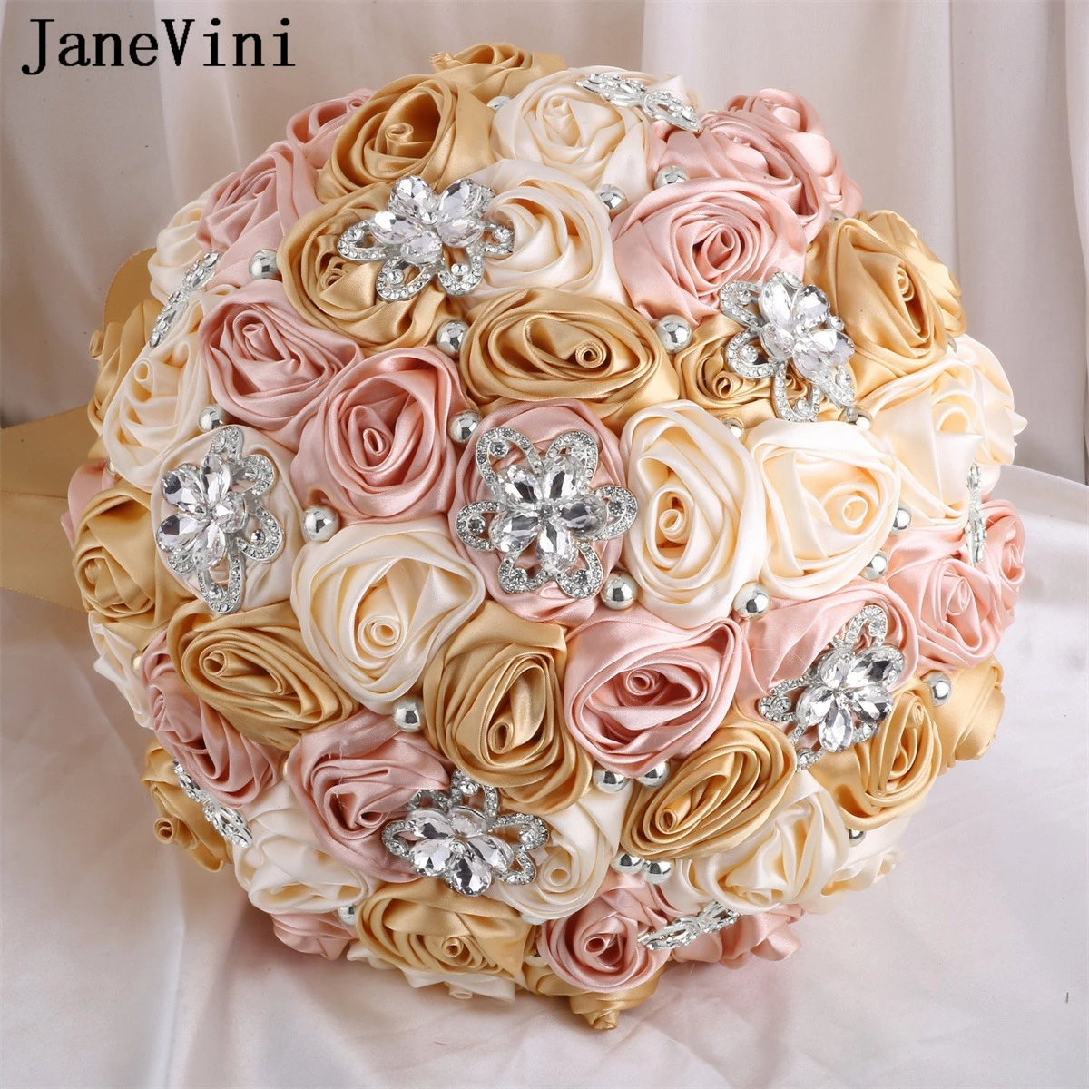 

JaneVini Luxury Silver Rhinestones Bridal Bouquet Pink Satin Roses Ivory Crystal Wedding Bouquet for the Bride Holding Flowers