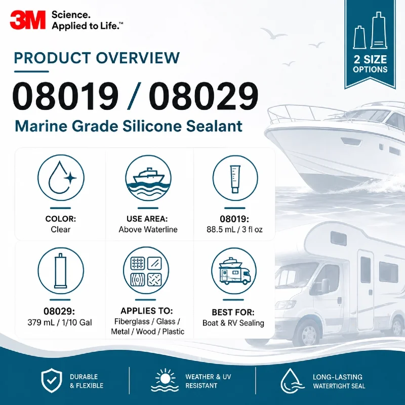 Original 3M 08019 08029 Marine Grade Silicone Sealant Clear Non-Sag Mildew Resistant for Boat RV Fiberglass Glass Metal