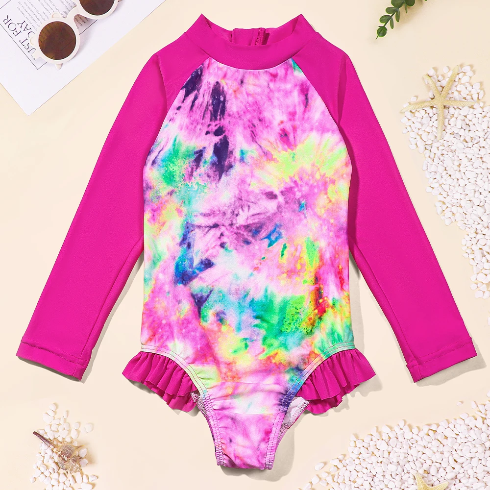 Kids Girls Swimwear Tie-Dye Printed Ruffles Long Sleeve Zipper Beachwear Outfits One-piece Bathing Suit