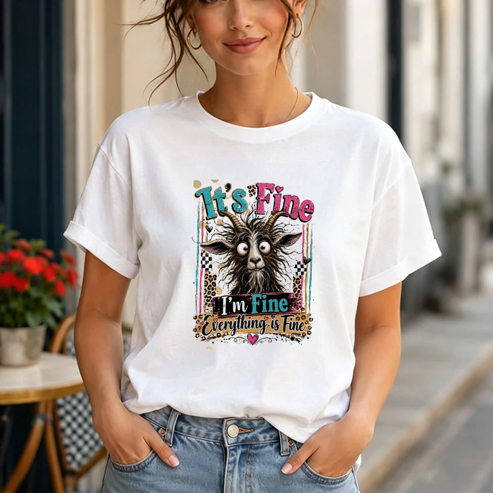 It Is Fine Everything Fine Goat Graphic T Shirt Women Anxiety Stress Meme Tee Summer Casual Weekend Top